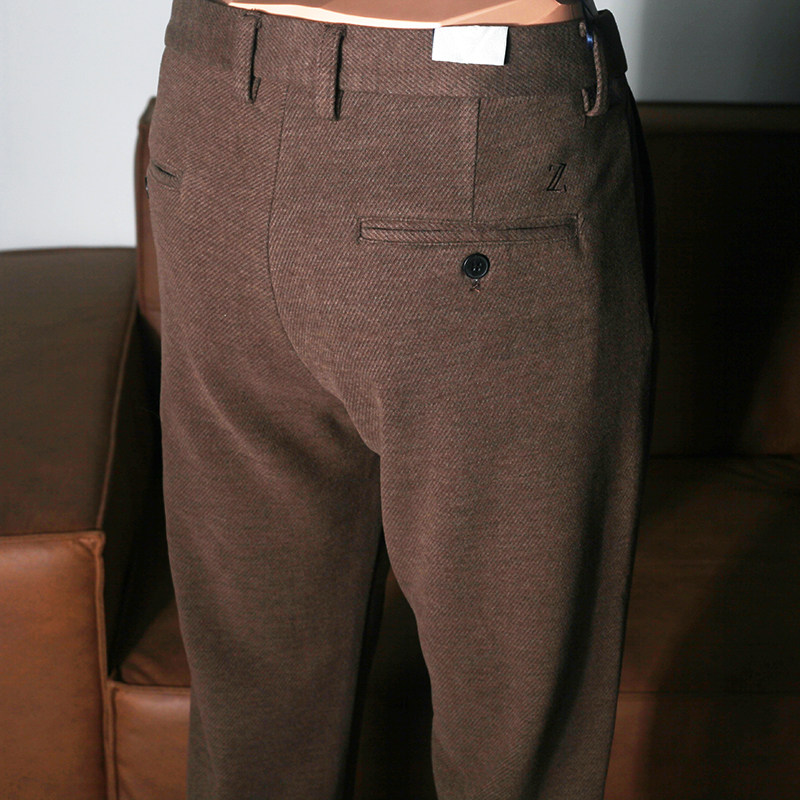 咖啡色裤子男毛呢磨毛加厚款冬款直筒宽松斜纹冬季商务羊毛休闲裤