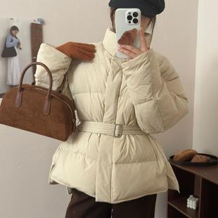 2024冬季新款90白鸭绒韩版立领保暖羽绒服女腰带收腰面包服外套