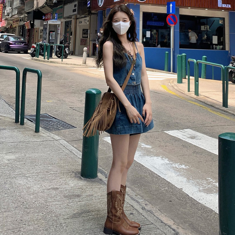 夏季女复古牛仔吊带短裤两件套
