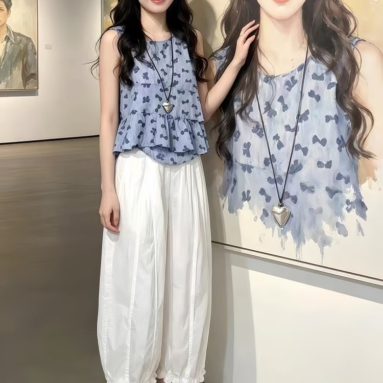 2026夏季碎花无袖阔腿裤两件套