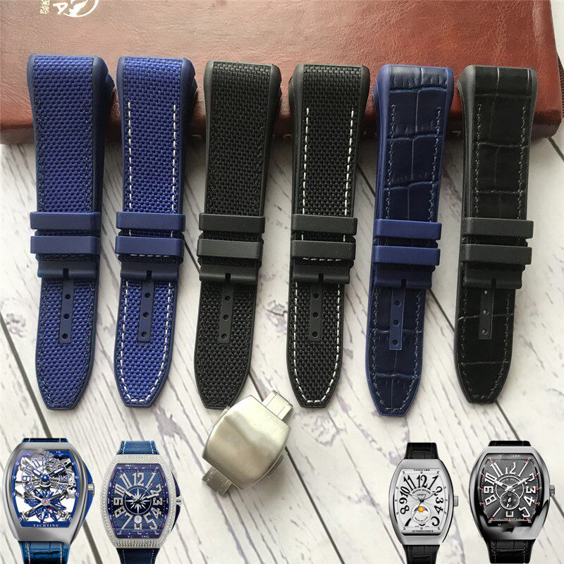 代用FM法兰克穆勒真皮手表带男法穆兰V45硅胶尼龙黑蓝色表链28mm
