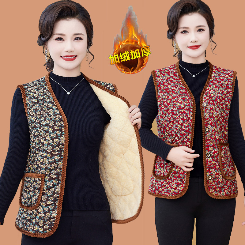 妈妈秋冬装加绒加厚保暖棉马甲奶奶坎肩背心中老年女碎花马夹外套