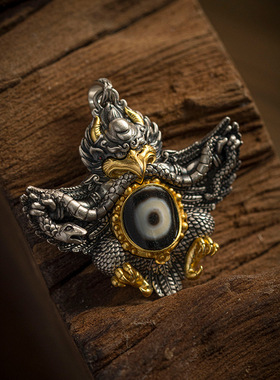 藏式纯铜做旧金翅大鹏鸟项链吊坠