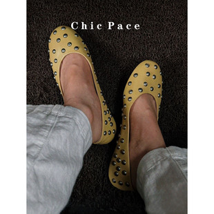Chic~顶版~26SS真皮平底铆钉芭蕾舞鞋女浅口羊皮单鞋一脚蹬奶奶鞋