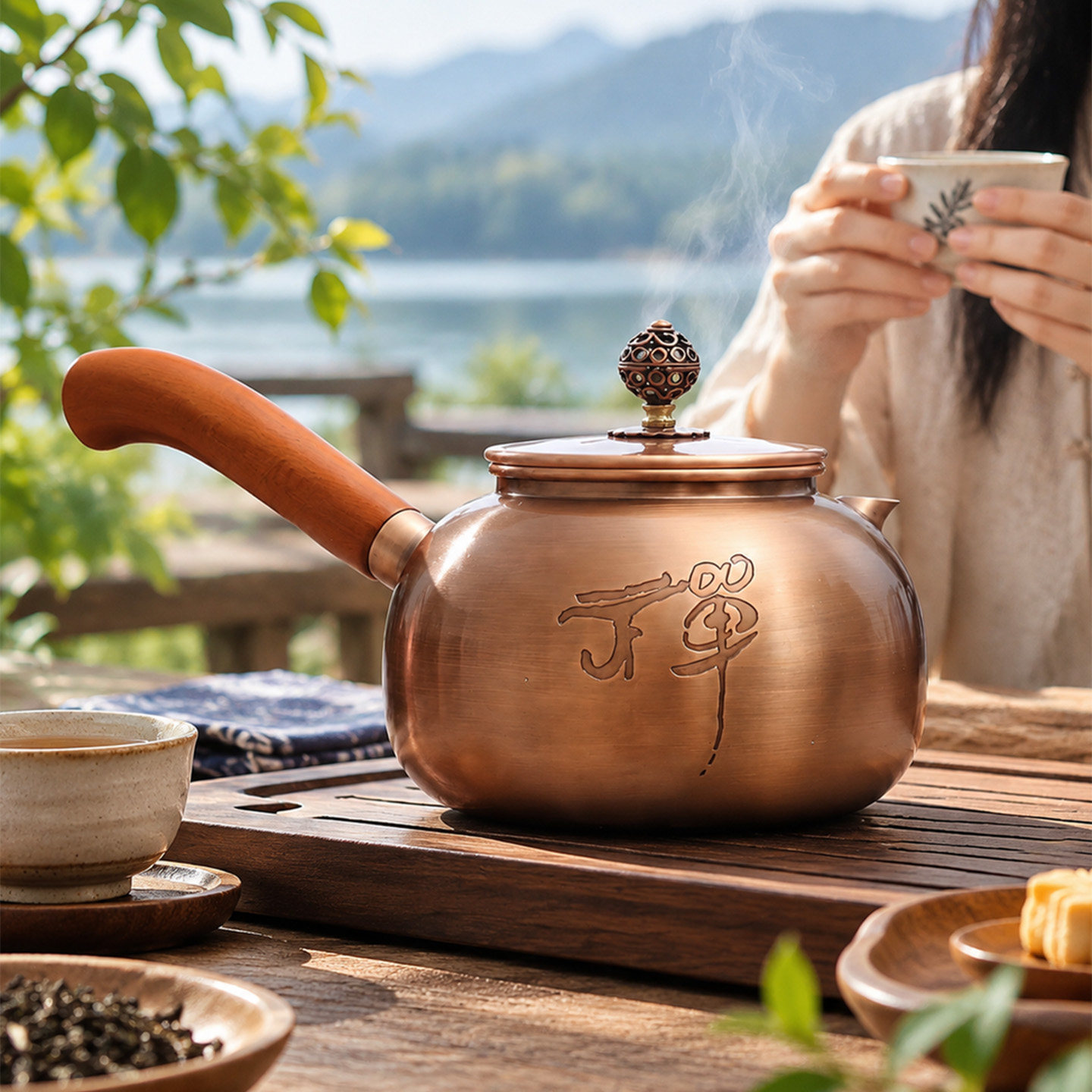 侧把铜壶中式纯铜小茶壶复古紫铜烧水壶纯手工带手柄养生铜壶茶具