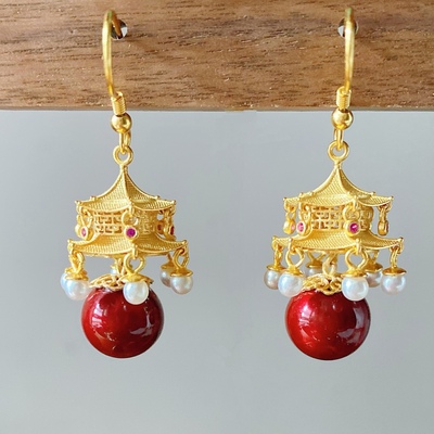 非遗大漆珠赤宝砂925宫灯耳饰