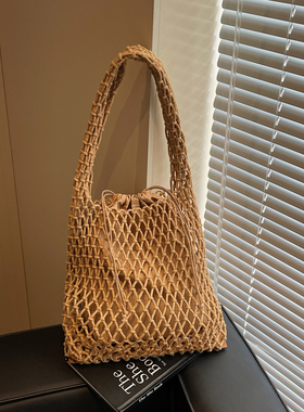 店长推荐新款纯色网兜手工编织包森系手系棉线手拎单肩度假沙滩包