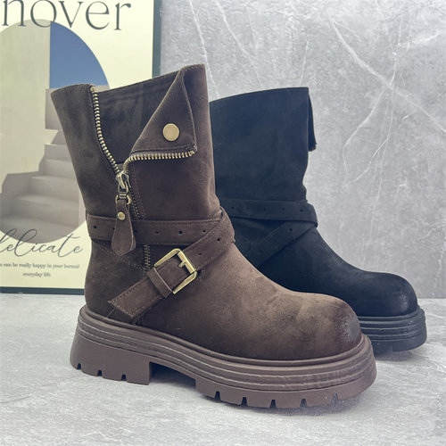 2025冬季特价英伦风皮带扣机车靴女中筒马丁靴厚底保暖百搭短靴女