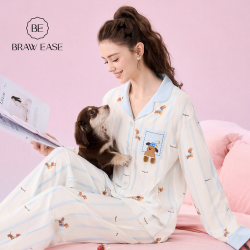 BE纯棉抗菌条纹拼接睡衣女
