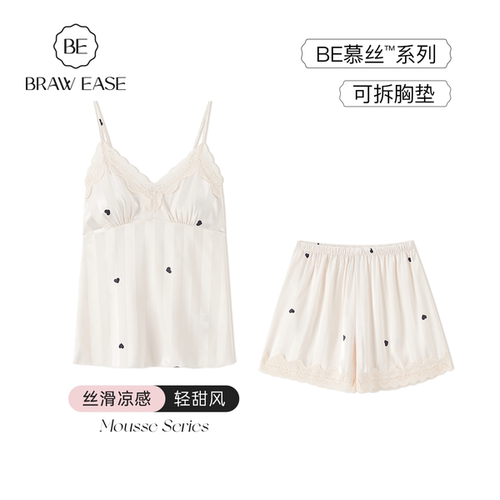 BE女冰丝爱心印花带胸垫睡衣
