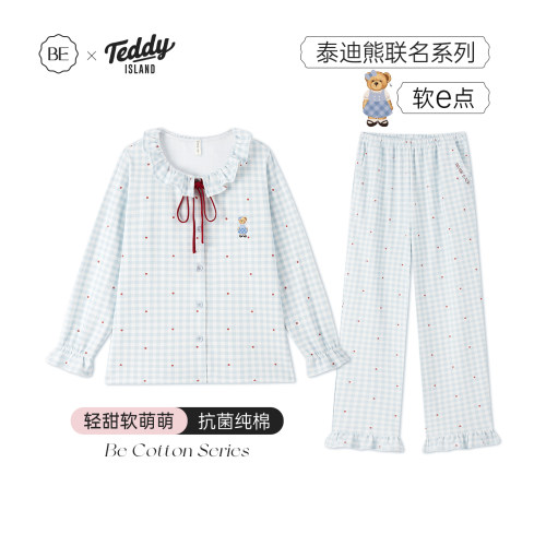BE纯棉泰迪熊格纹睡衣女新品