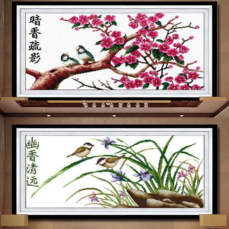 幽香清远兰花十字绣线绣2019新款客厅卧室简约现代小幅山水风景画