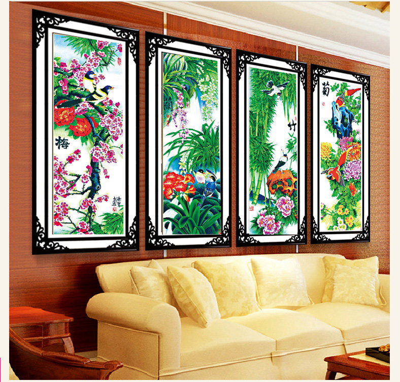 KX梅兰竹菊钻石画水钻圆新款客厅餐厅玄关满钻竖版5d砖石秀十字绣