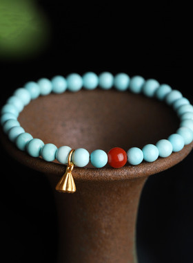青白辞|绿松石手串5mm圆珠单圈中式佛珠南红14k镶金饰品简约手链