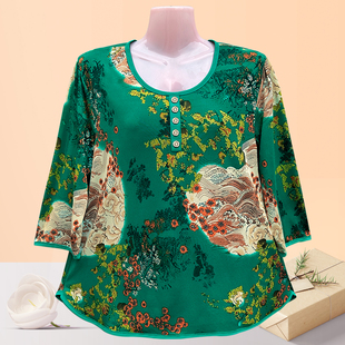 上衣春季 印花七分袖 母亲节礼物中式 薄料遮肚腩妈妈装 仙帝玛依