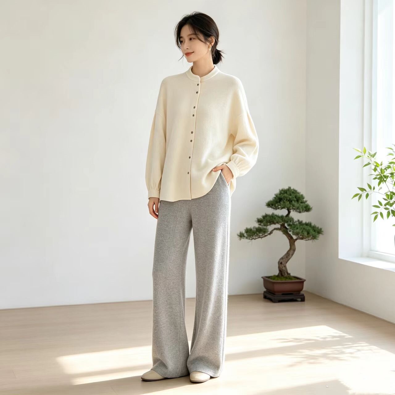 复古小立领显瘦羊毛混纺开衫毛衣