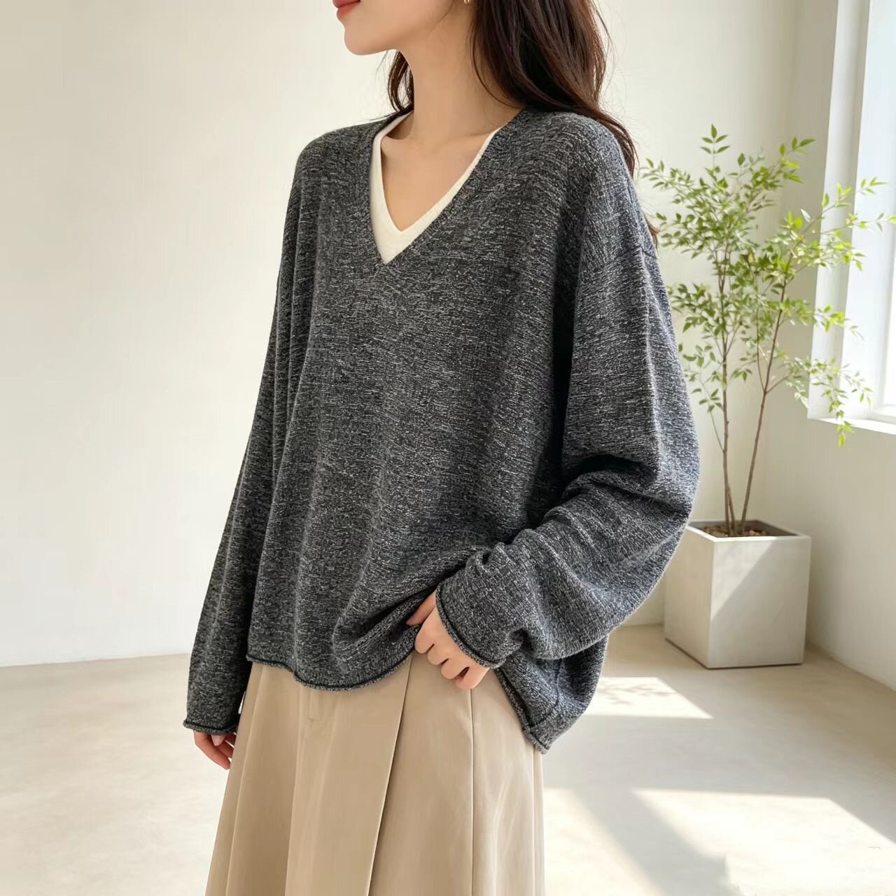 慵懒风V领羊毛针织衫女显瘦