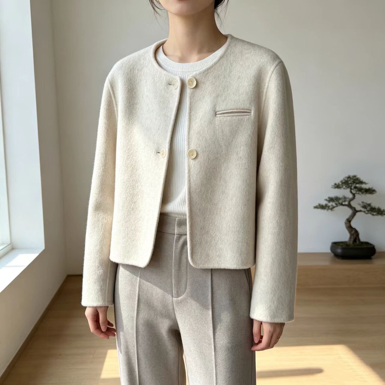 极简小香风手工无衬羊绒大衣女