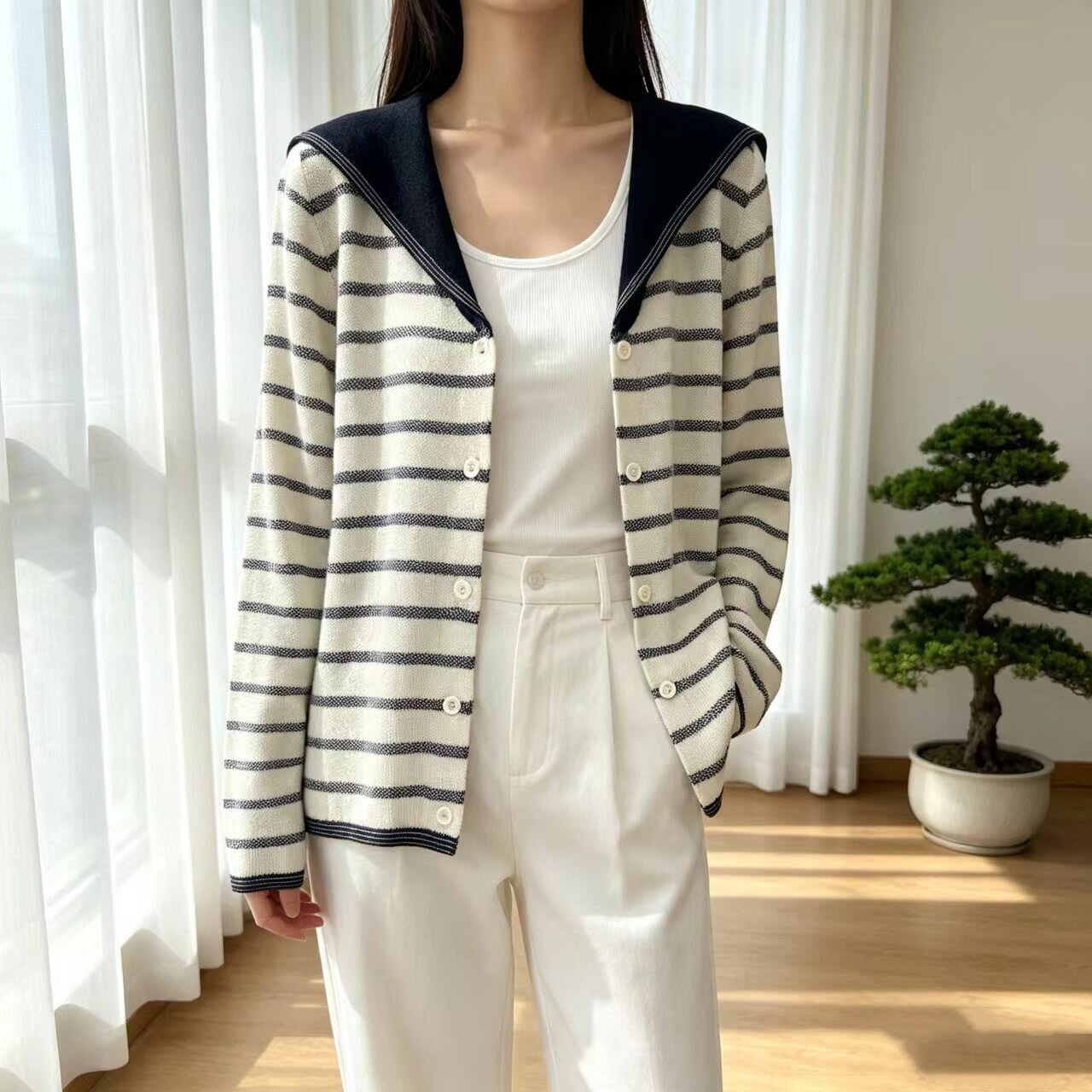 海军领羊毛100%条纹针织开衫女