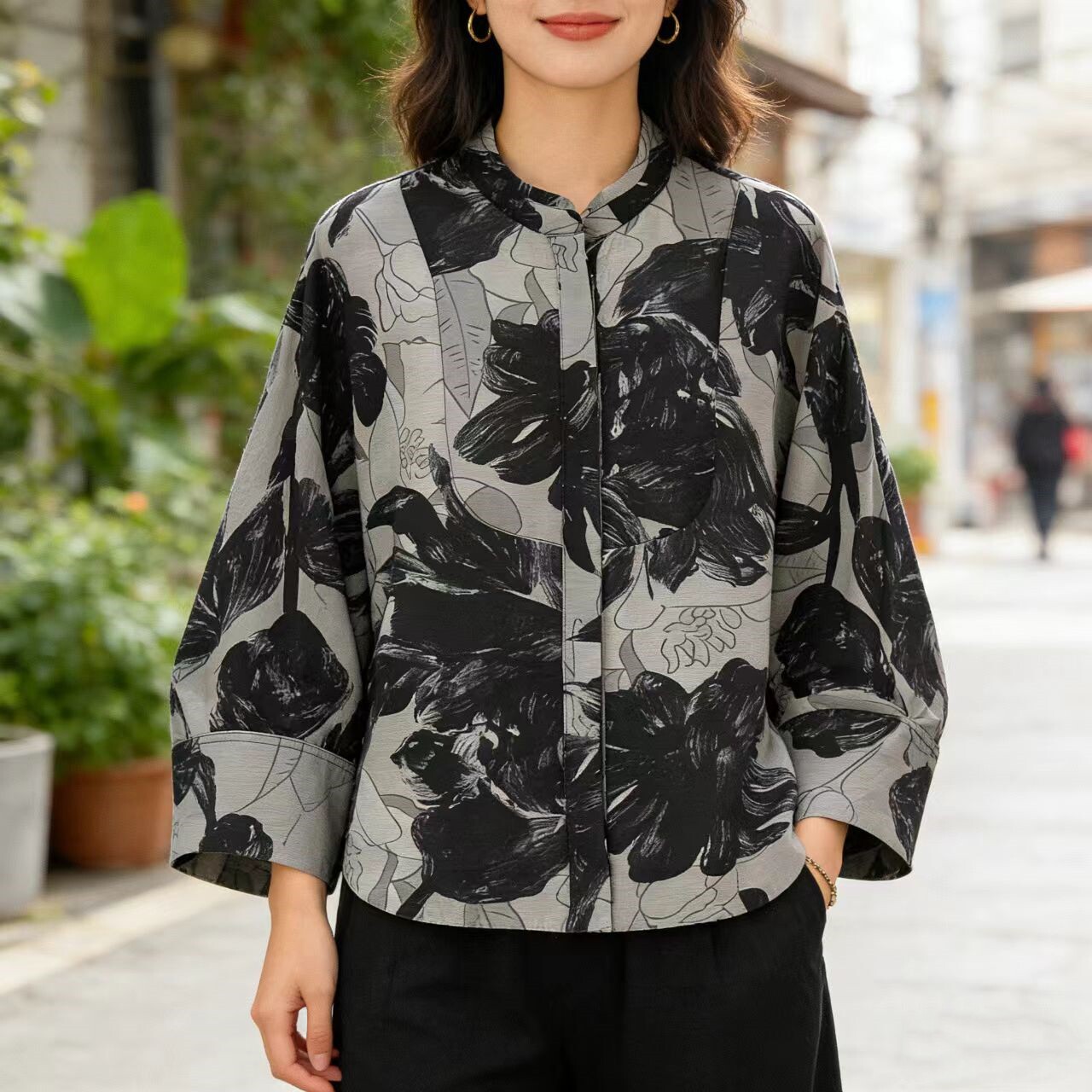 壁纸纹样美学立领印花衬衫女长袖宽松轻奢高级感气质上衣