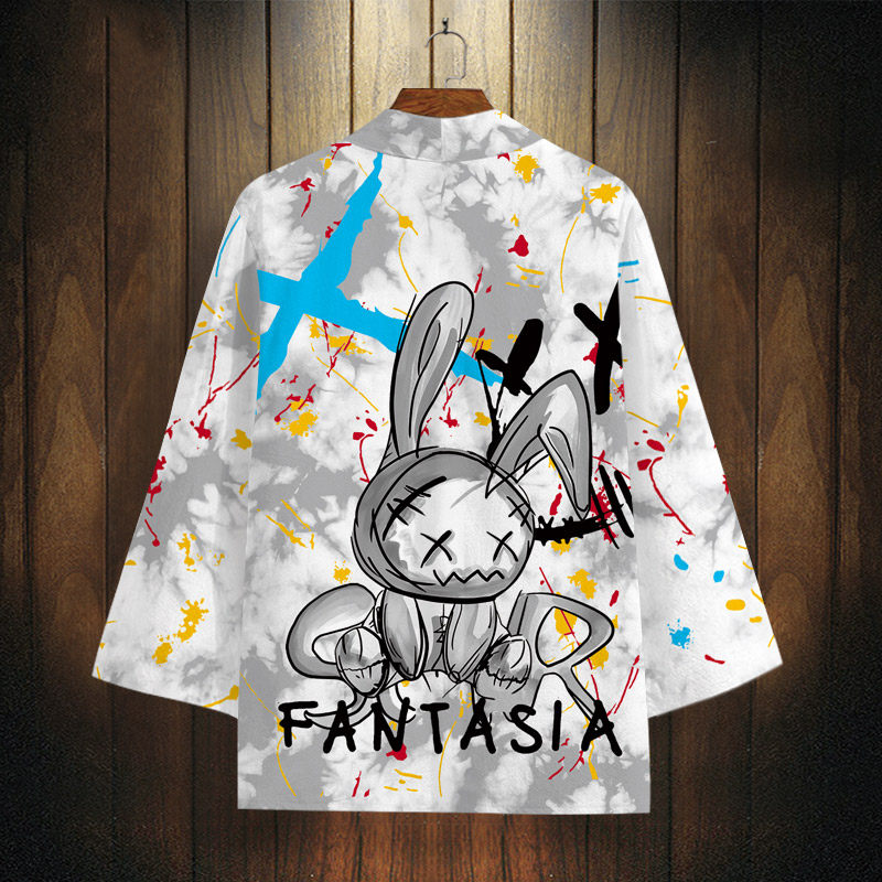 春秋加厚披风外套男款涂鸦风卡通兔子印花衣服大码七分袖衬衫道袍
