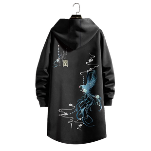 春秋新款风衣男款加厚外套中国风凤凰印花中长款连帽开衫大码大衣