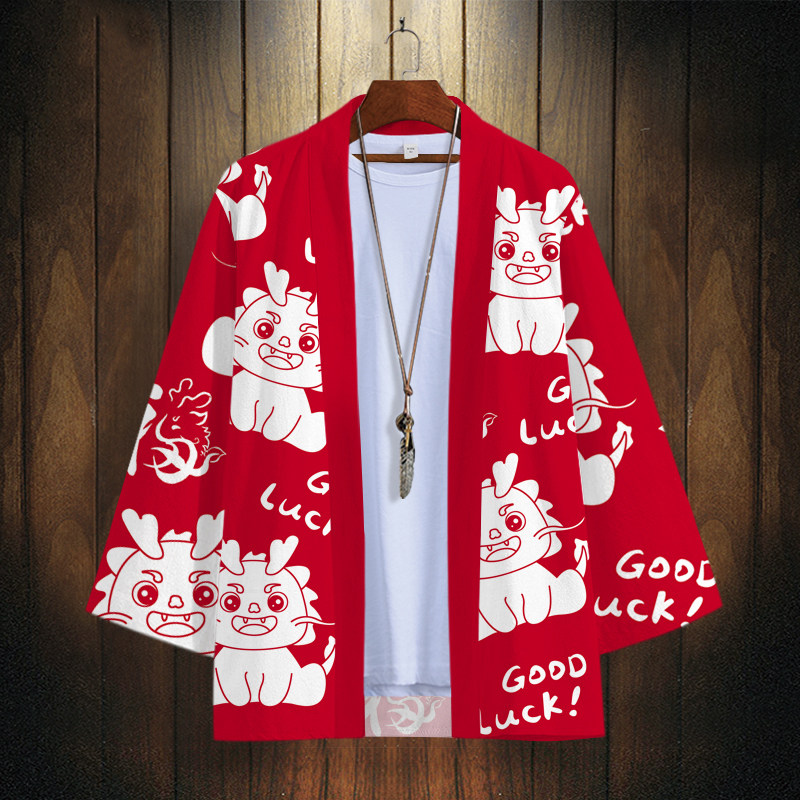 oversize道袍外套男卡通龙印花红色披风设计感小众龙年本命年衣服