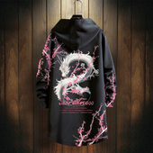 国潮龙图案连帽风衣中长款 秋冬新款 外套男士 过膝大衣中国风上衣服