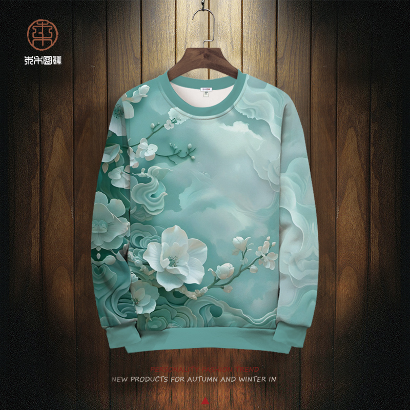 2025新款卫衣外套男3D立体花图案圆领长袖t恤国风大码加绒厚上衣