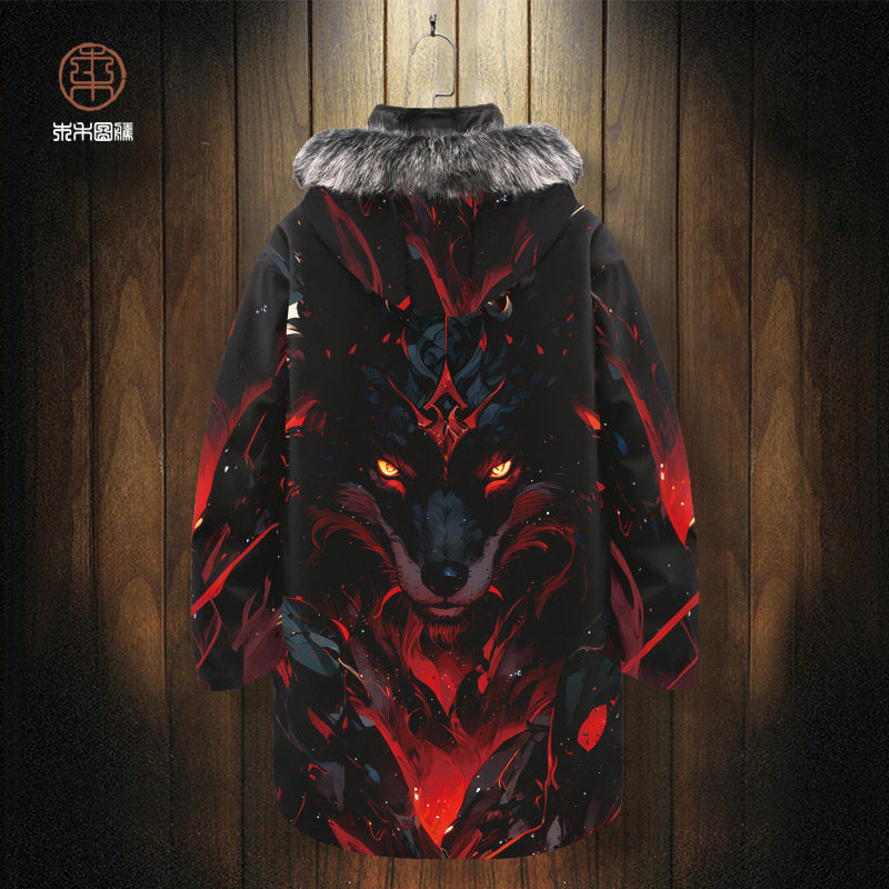 潮牌狼印花羽绒服男连帽中长款大衣宽松开衫大码衣服欧美潮流棉服