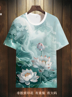 2025新款短袖T恤男3D印花国潮圆领体恤衫oversize休闲运动半截袖