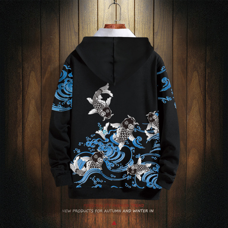 连帽卫衣男大码潮流锦鲤印花外套春秋季加绒长袖国潮休闲运动衣服