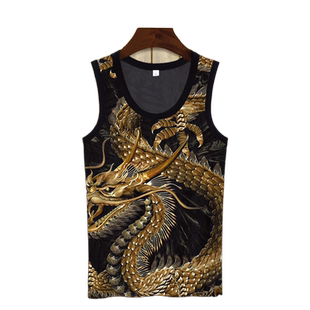夏季运动背心男士中国风龙图案无袖T恤肥佬大码二道坎肩速干透气
