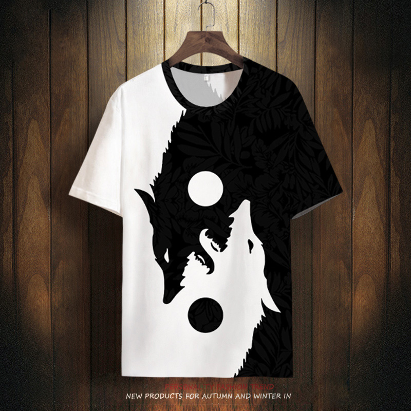 狼头t恤男冰丝短袖半袖体恤衫