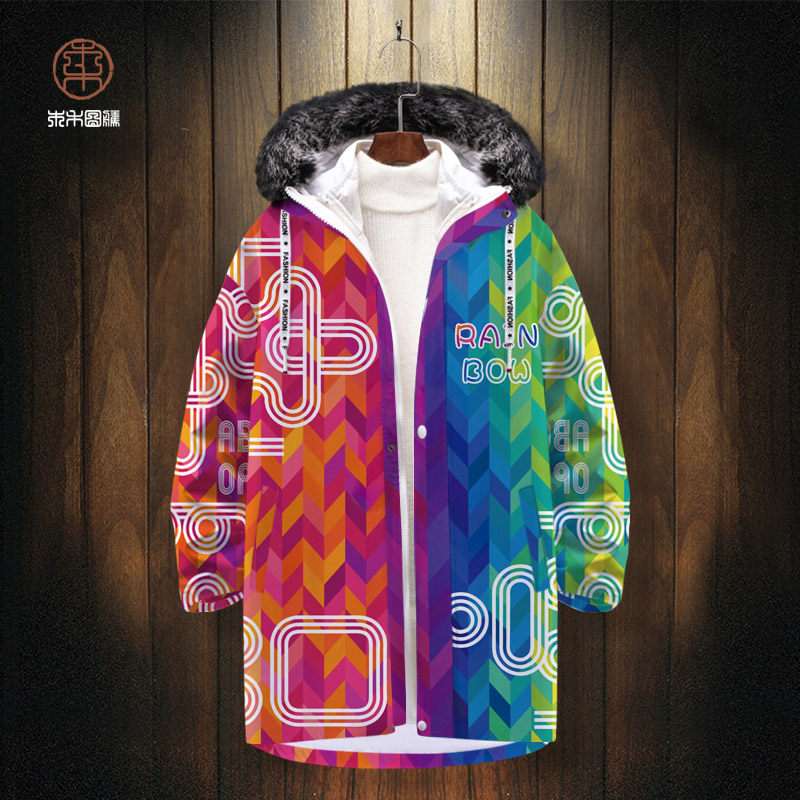 彩虹渐变印花羽绒服外套男中长款连帽棉服秋冬季保暖大码开衫棉衣