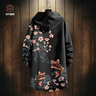 连帽风衣外套男oversize锦鲤印花中长款冬季新款花图案开衫厚大衣
