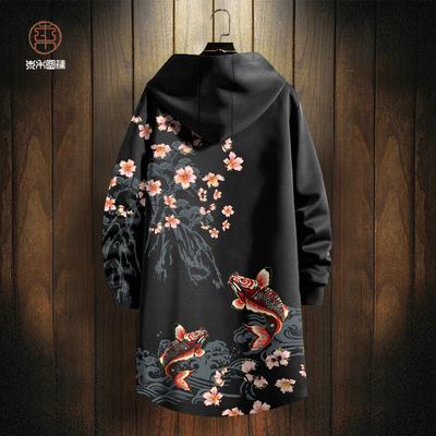 连帽风衣外套男oversize锦鲤印花中长款冬季新款花图案开衫厚大衣
