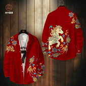 衬衫 男新款 马年本命年衬衣大码 红色翻领长袖 加肥外套小众休闲开衫