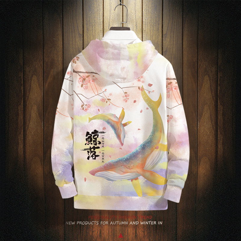 中国风鲸落印花高级感超好看卫衣男士韩风chic外套连帽上衣服加绒