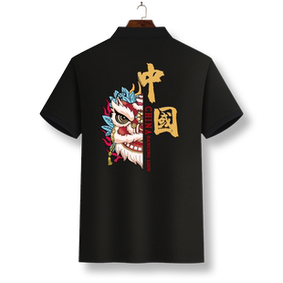 男士polo衫有领t恤潮流醒狮印花夏季半截袖男生大码胖子短袖上衣