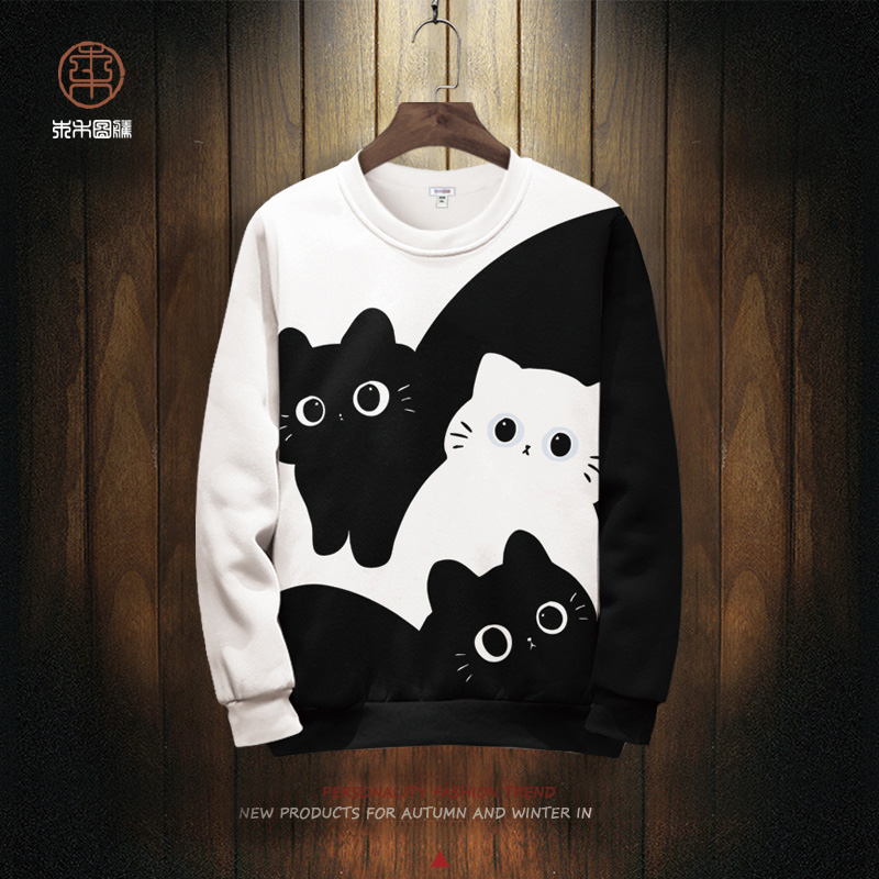 三只猫咪印花卫衣外套男oversize秋季新款青少年圆领上衣情侣亲子