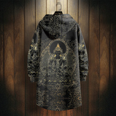 佛像全印花风衣男士 薄款 中长款 oversize大衣中国风连帽外套春秋季