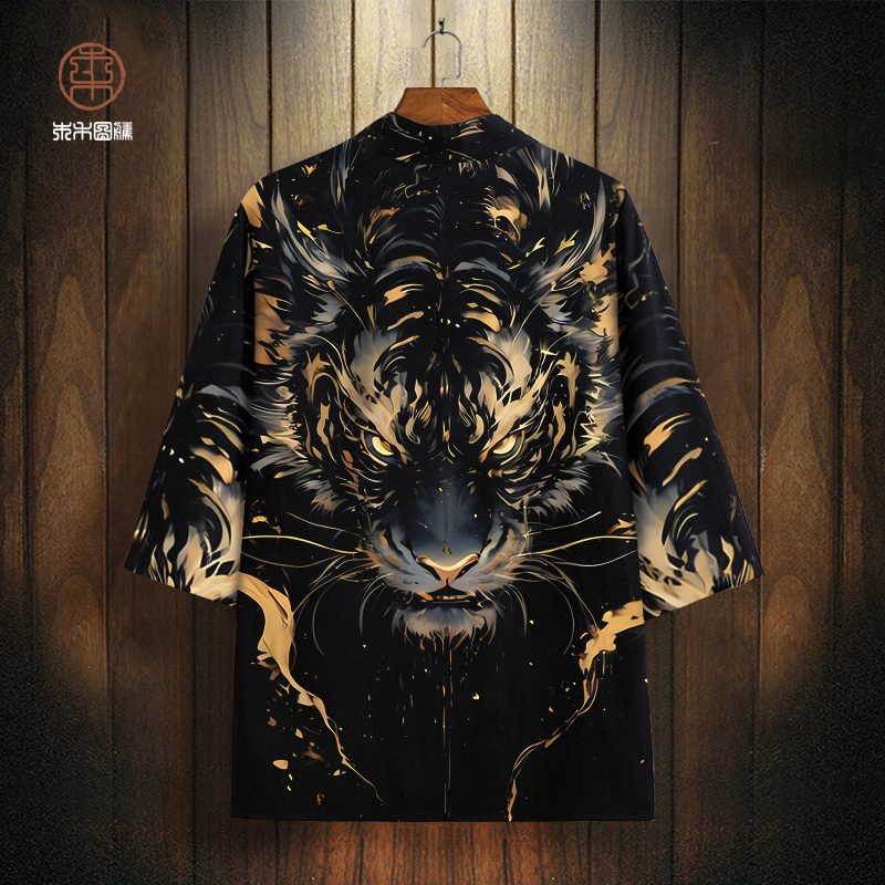 秋季道袍男士潮牌老虎印花披风外套oversize休闲衬衫外套改良汉服