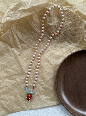 童趣红色草莓吊坠天然淡水珍珠手作串珠项链女小众高级感锁骨链
