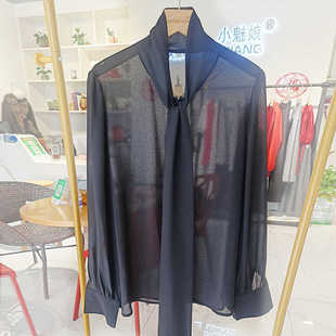 小魅娘女装早秋围巾领知性朦胧纯色透视性感极简百搭长袖衬衫