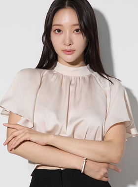 立领衬衫女2023夏新款高端设计感小众真丝缎飞飞袖小衫遮肚子上衣