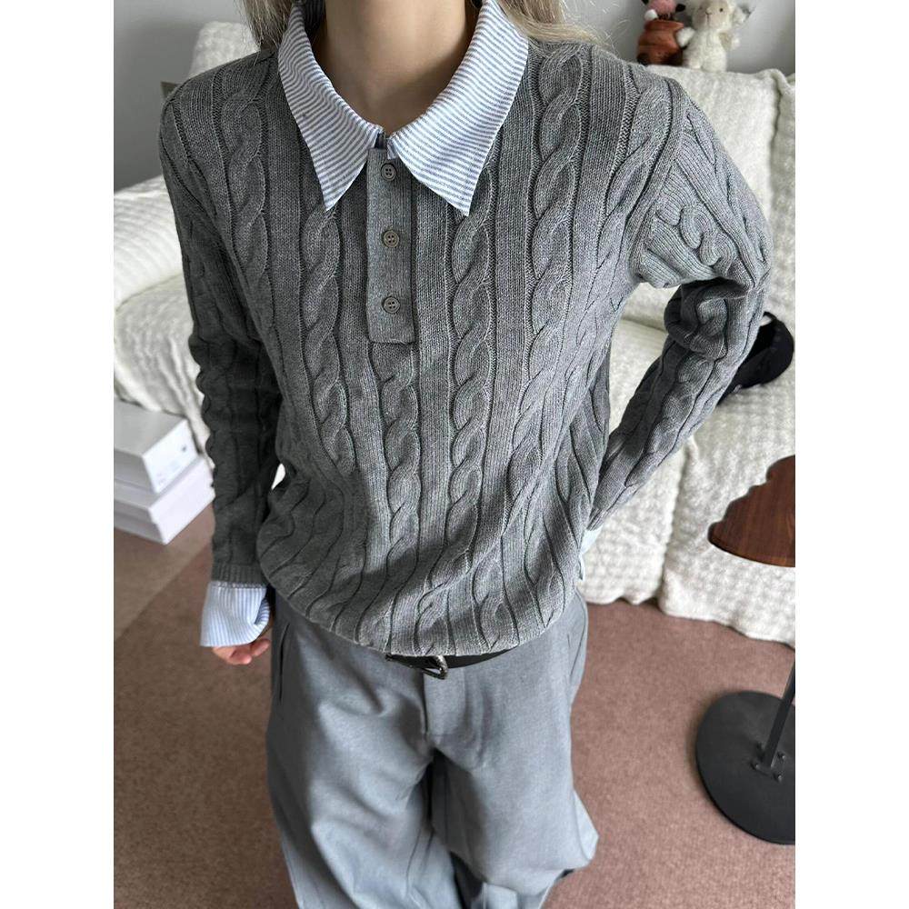 老钱风绞花假两件针织衫男秋季拼接条纹毛衣慵懒高级感polo领上衣