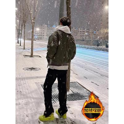 美式vibe加绒裤子男款冬季加厚保暖黑色牛仔裤高街显瘦微喇直筒裤