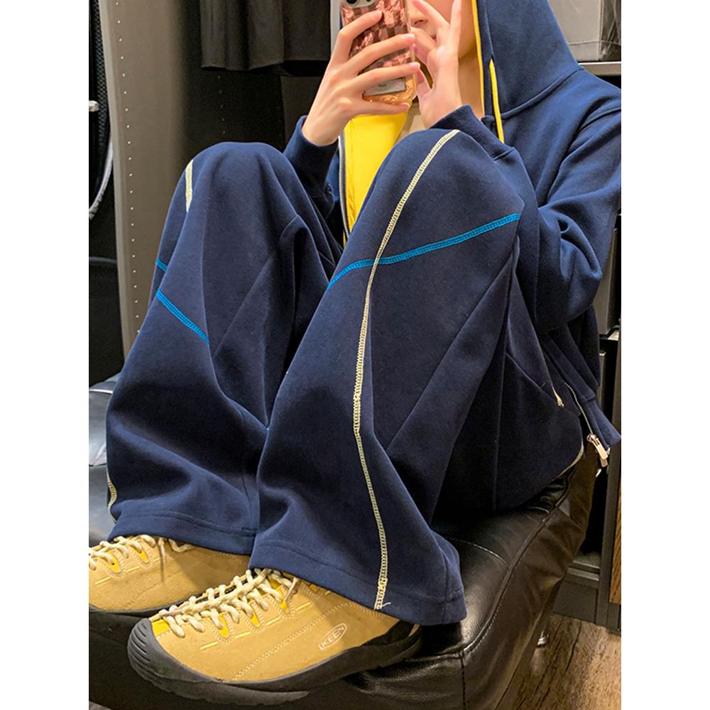 美式哈苏线藏蓝色卫裤男款秋季设计感高级直筒阔腿垂感运动休闲裤