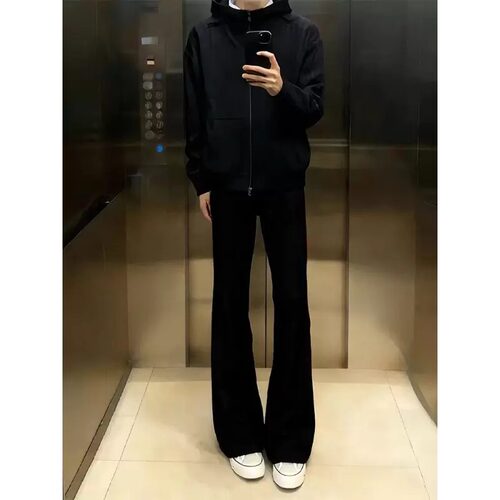 美式高街黑色复古牛仔裤男款春秋新款cleanfit修身直筒微喇弯刀裤